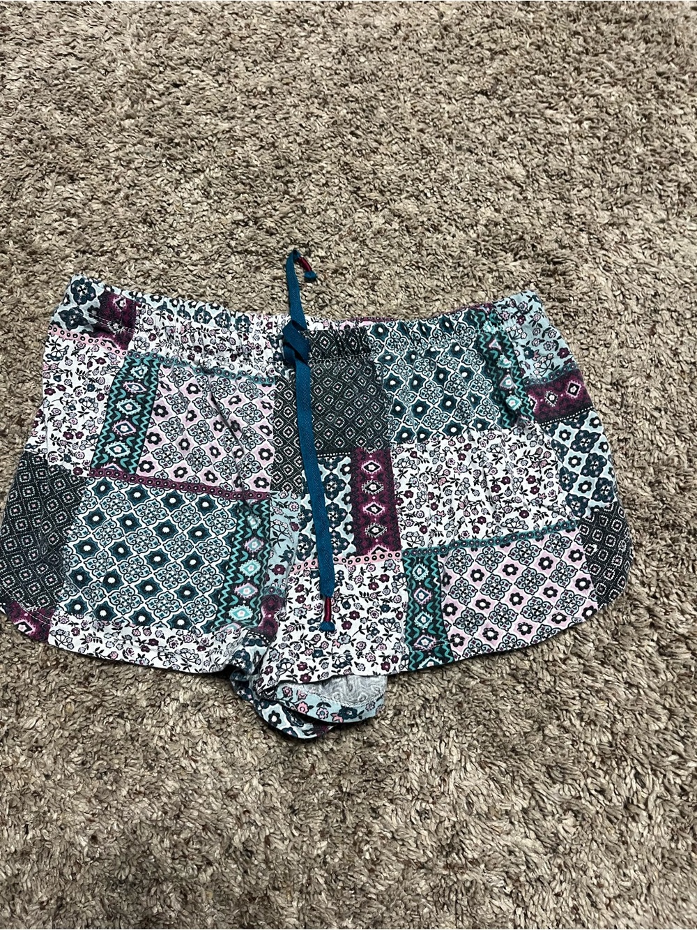Secret Treasures Patchwork Lounge Shorts - Teal, Plum & White